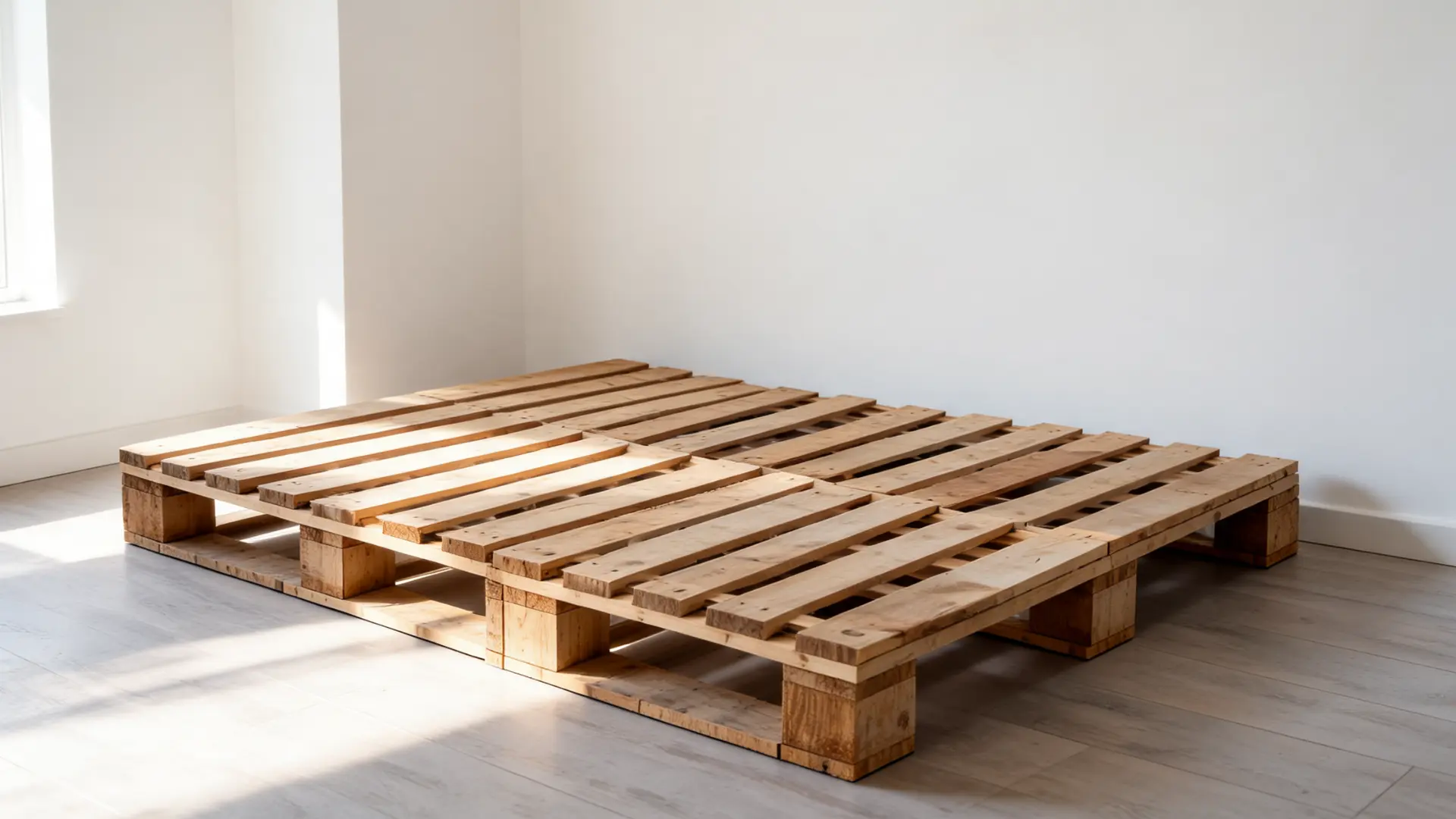clean wooden pallet bed frame made from sanded heat-treated pallets in a casual bedroom