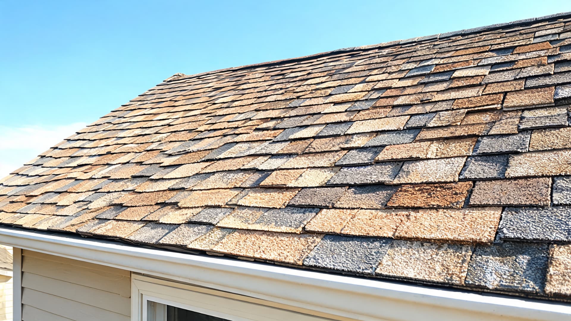 close-up of a house roof showing worn brown and gray asphalt shingles under a clear blue sky