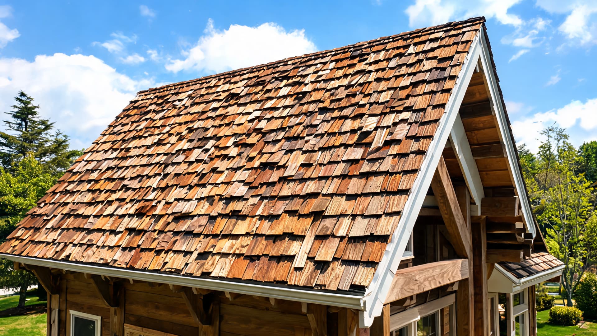 close-up of a steep wooden cabin roof with weathered brown shingles under a partly cloudy blue sky
