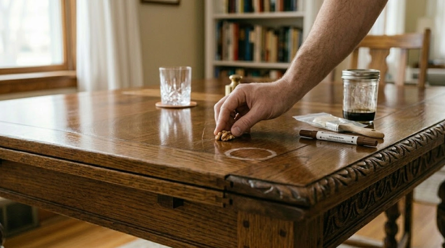 close-up of wooden table being polished using a walnut to remove a water ring, carved edges and microfiber cloth nearby