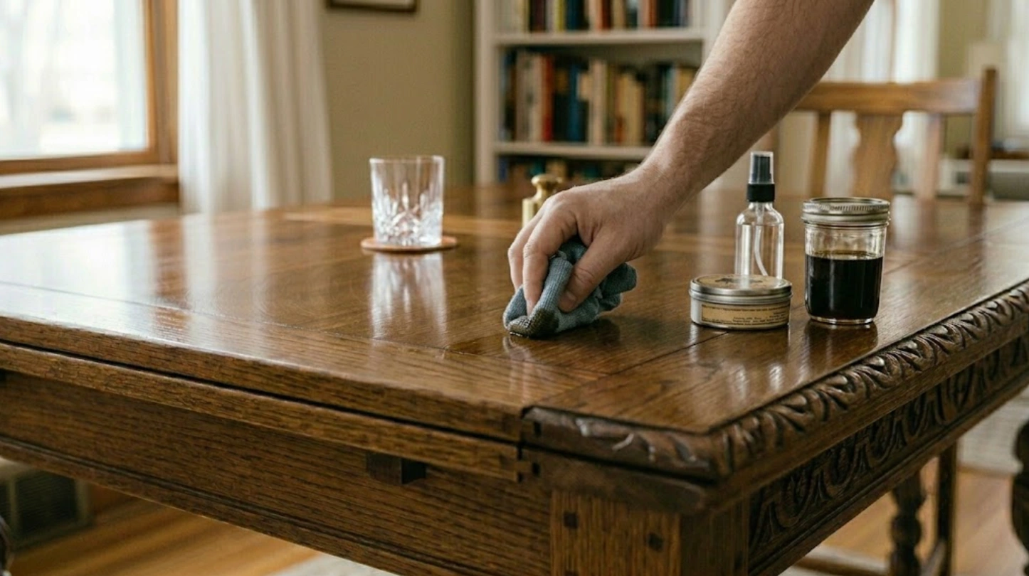 close-up of wooden table being polished with a microfiber cloth, carved edges, wood grain, and polish jars nearby