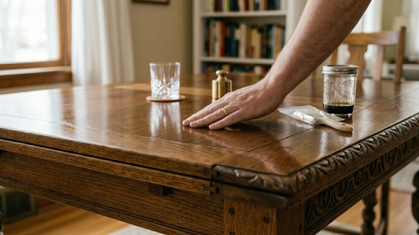 close-up of wooden table being polished with a microfiber cloth, showing carved edges, wood grain, and small paintbrush