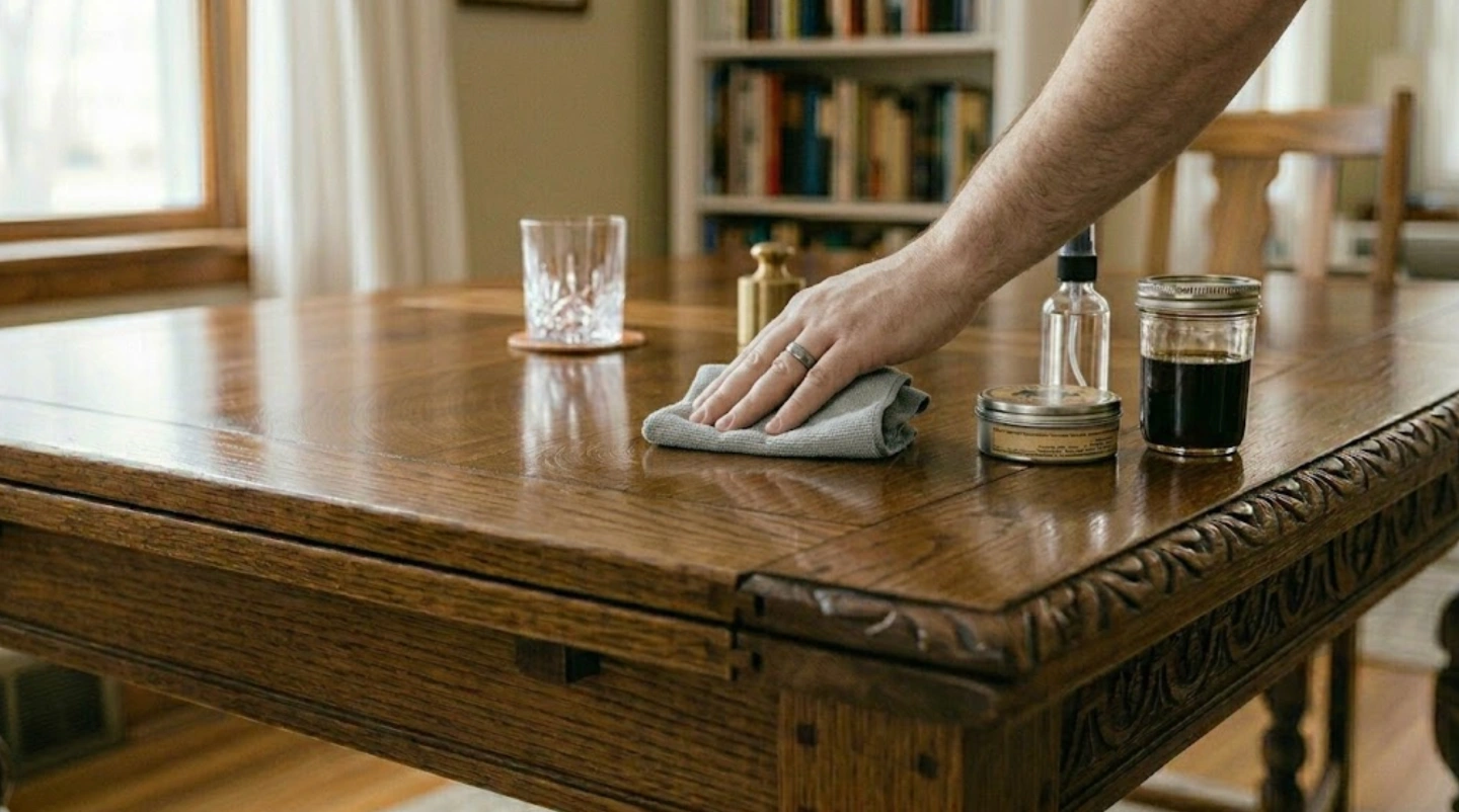 close-up of wooden table being polished with microfiber cloth, showing carved edges, wood grain, and polish containers