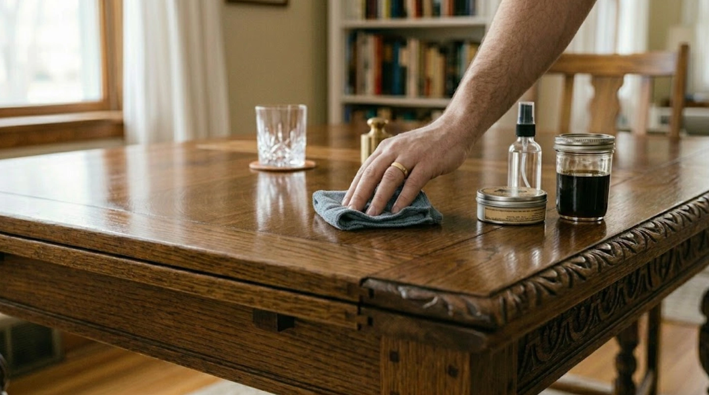 close-up of wooden table being polished with microfiber cloth, showing carved edges, wood grain, and polish jars nearby