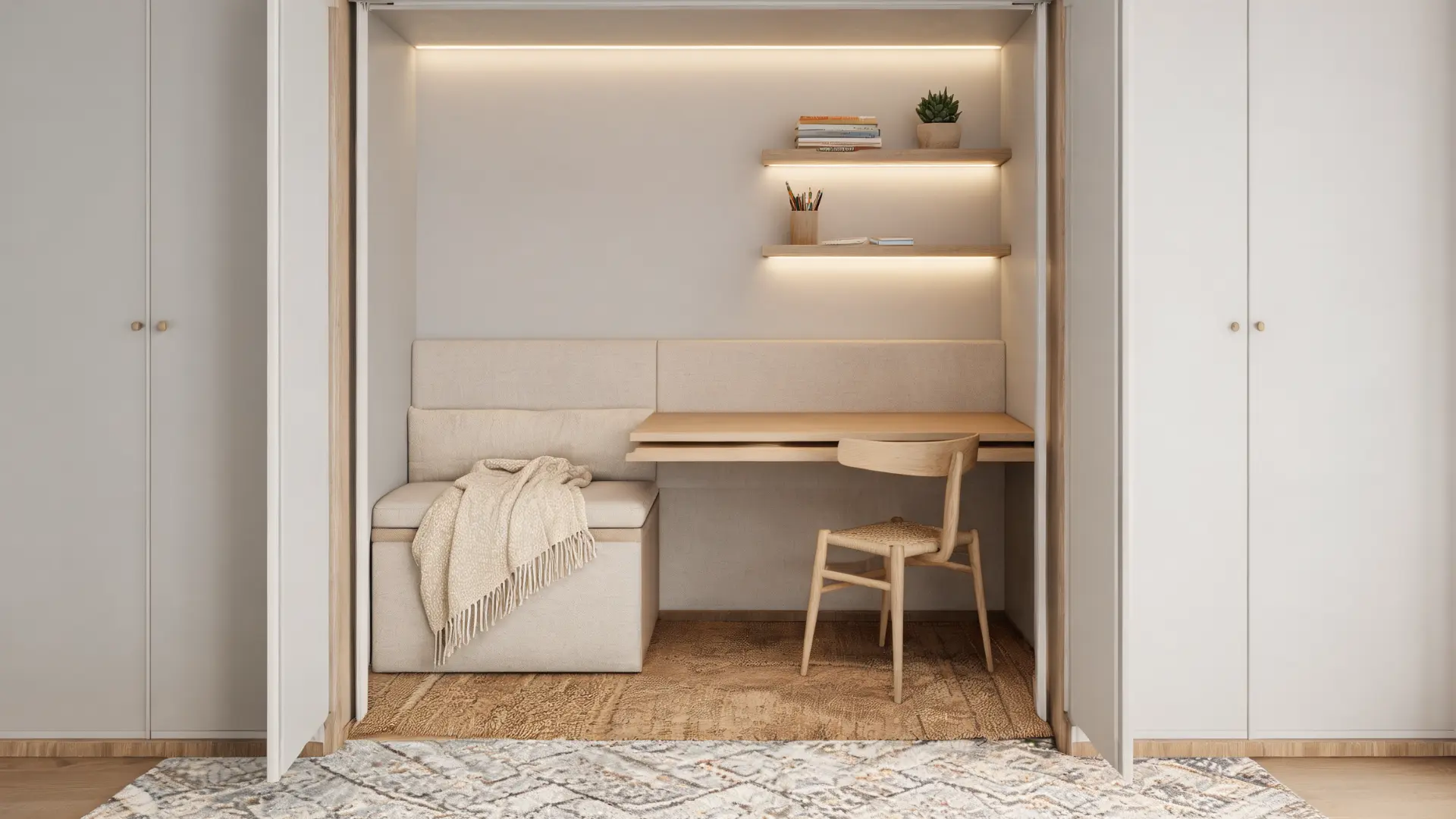 closet reading nook with bench slide out desk padded seat books rug and throw