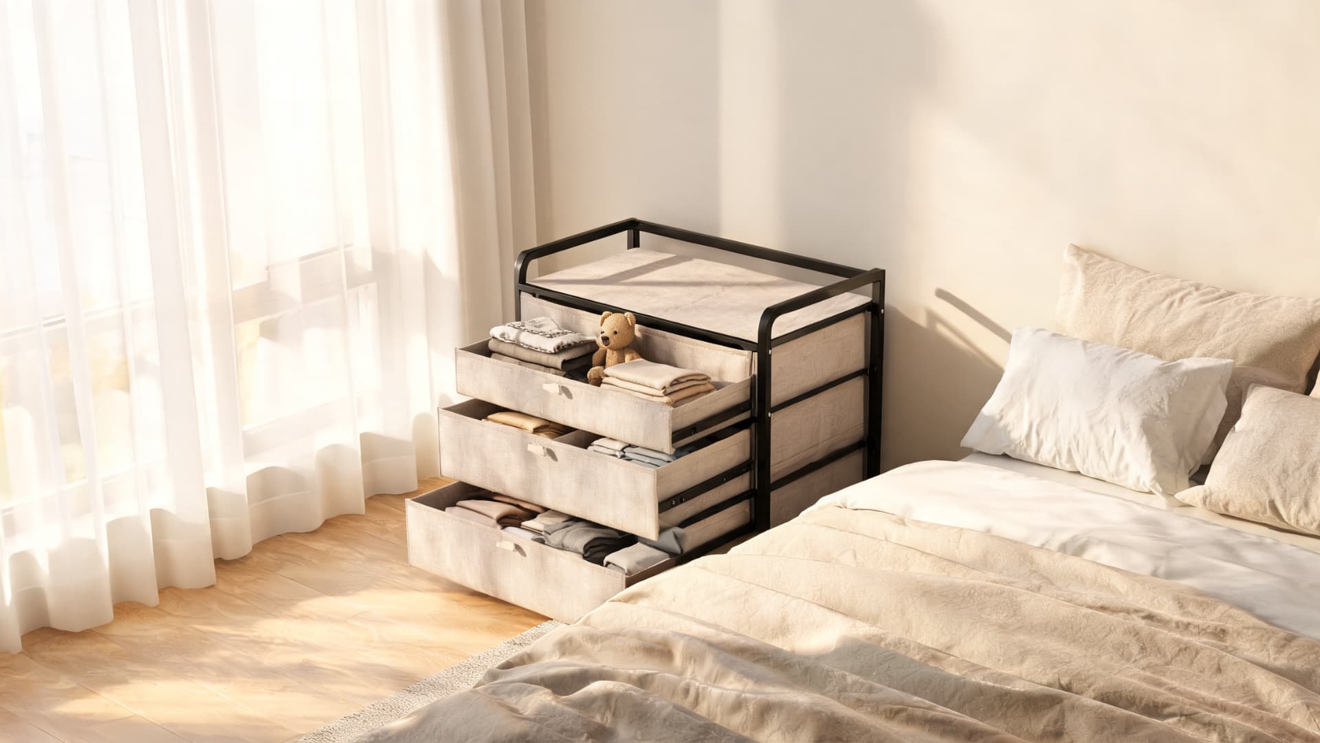 fabric drawer dresser with open cloth drawers beside a cozy bed in a bright minimalist bedroom interior