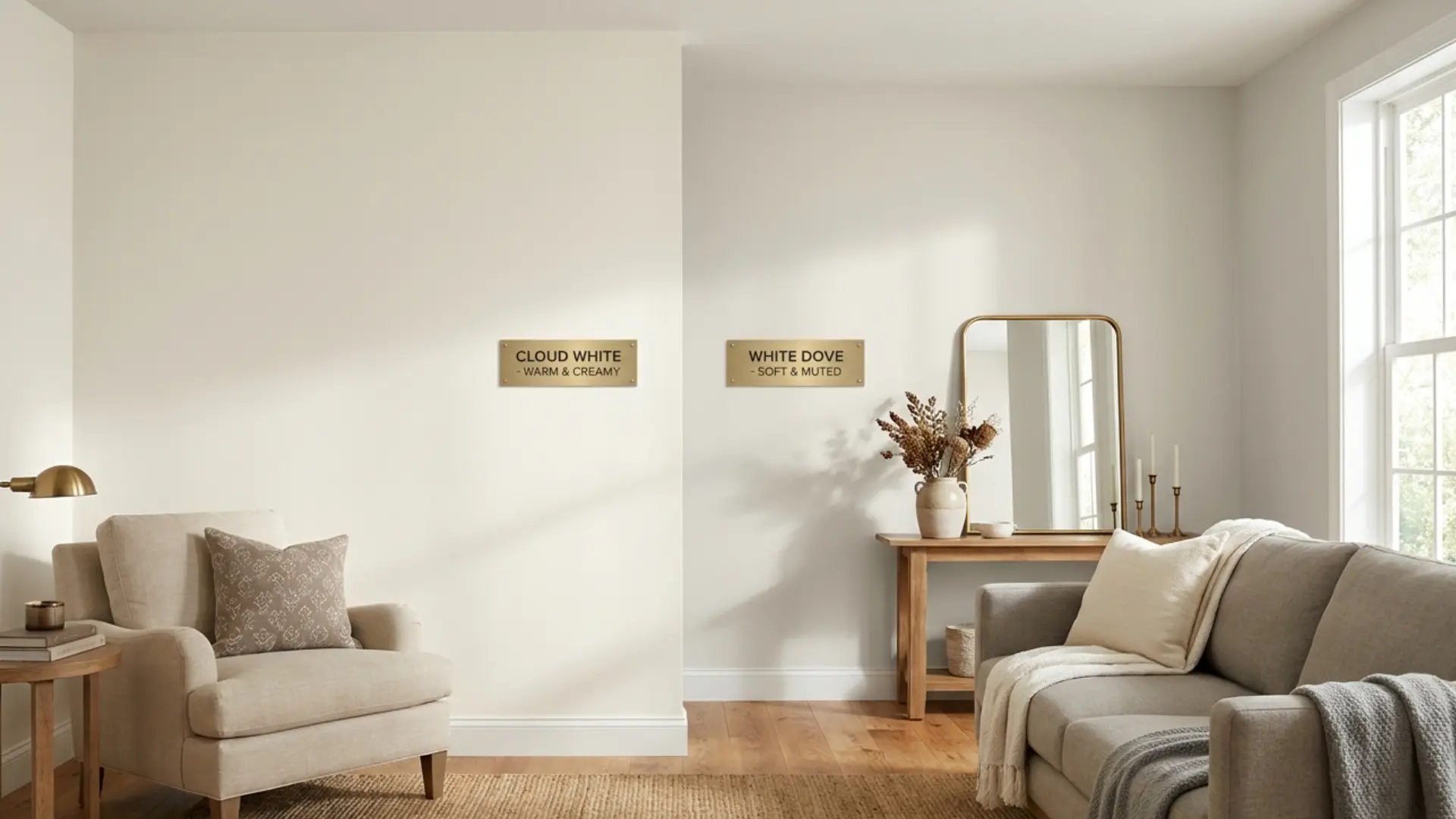 cloud white and white dove side by side on walls with warm wood floors and soft neutral decor