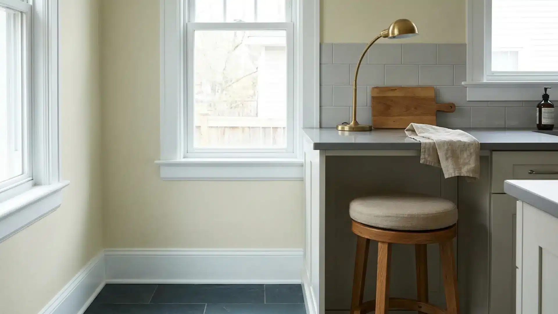 cloud white benjamin moore looking muted beside cool gray floors, icy trim, and cold countertops