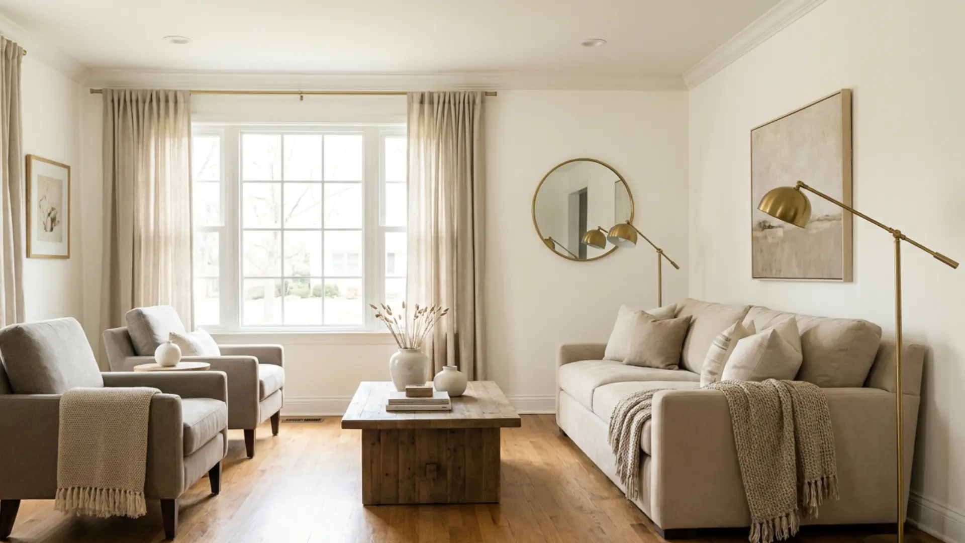 cloud white benjamin moore room with warm wood floors, greige decor, brass accents, and soft natural light
