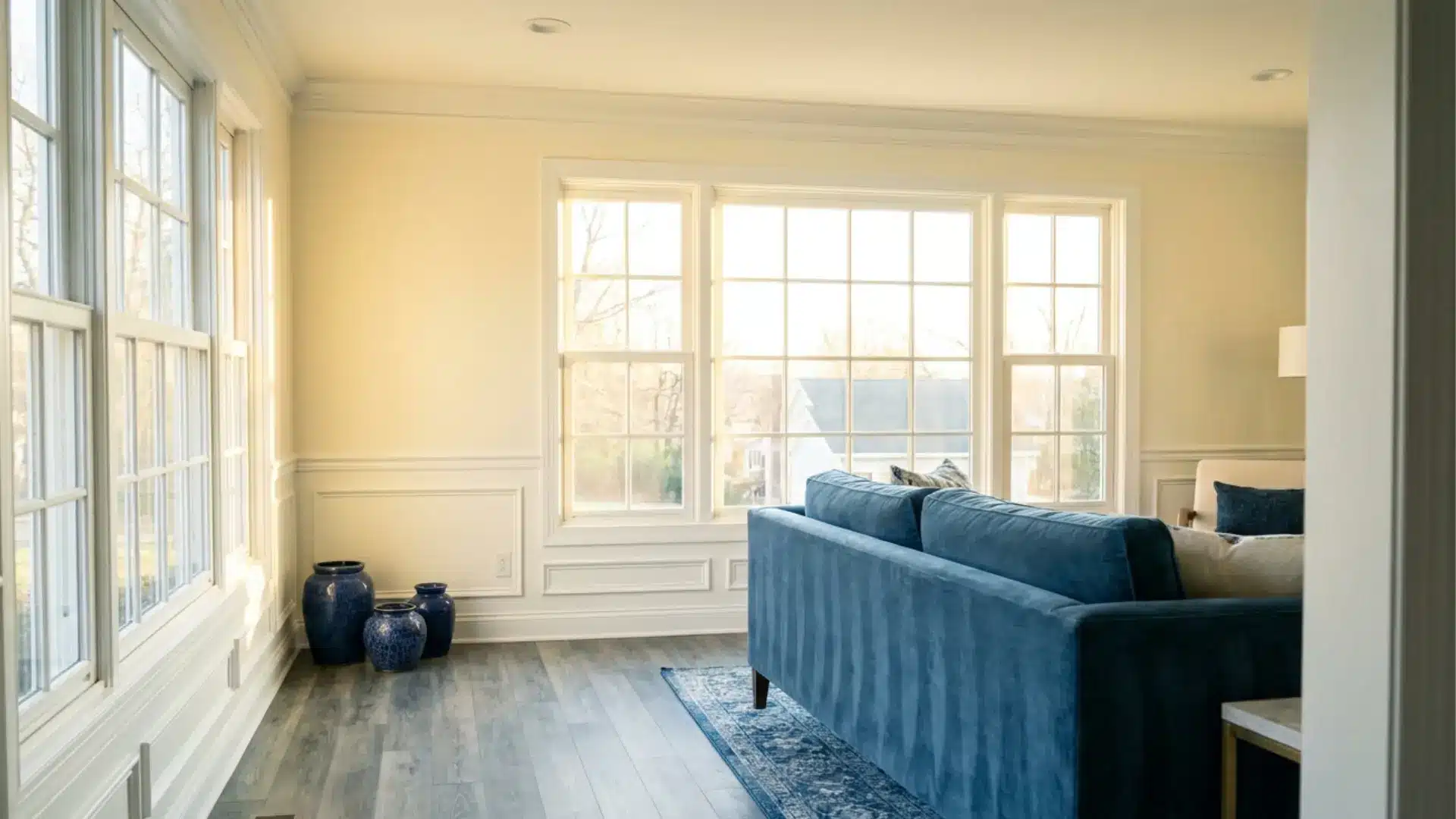 cloud white benjamin moore wall looking warmer in sunlight beside cool gray floors and crisp white trim