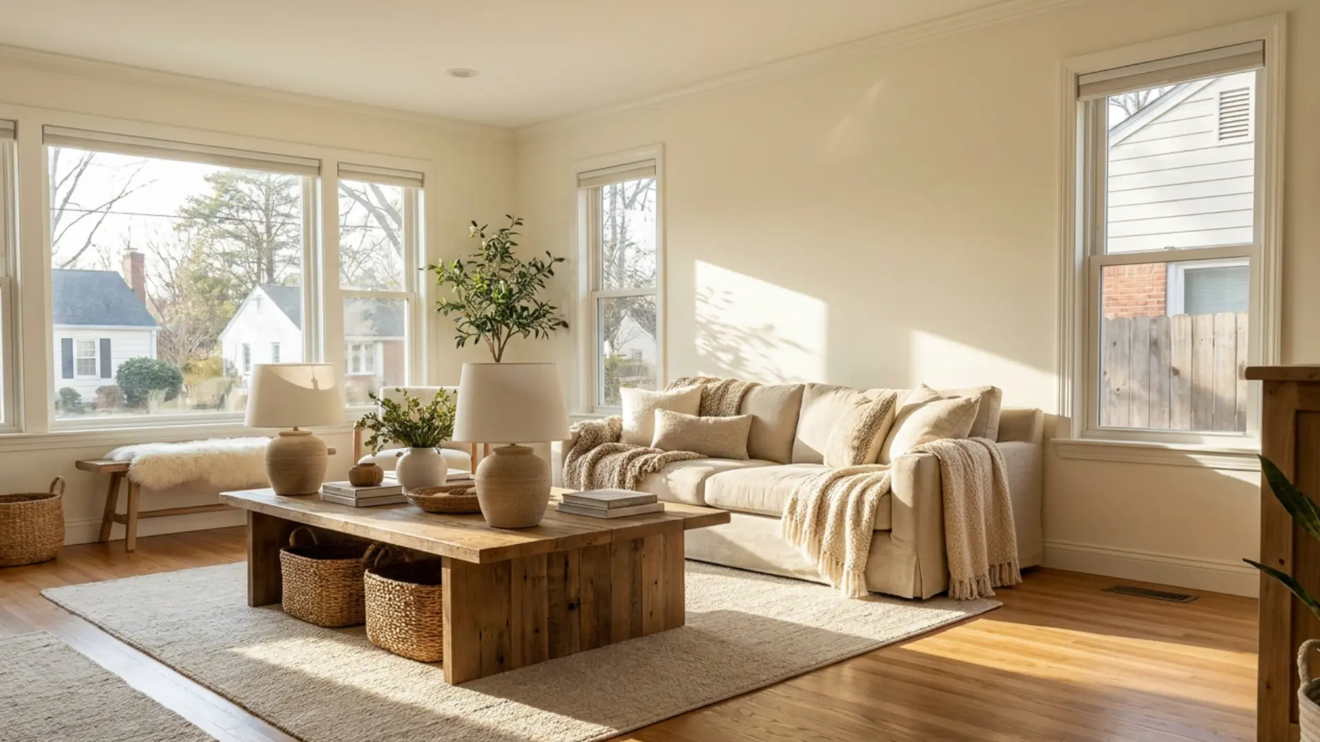 cloud white benjamin moore walls in a sunny room with warm wood floors, beige decor, and soft afternoon light