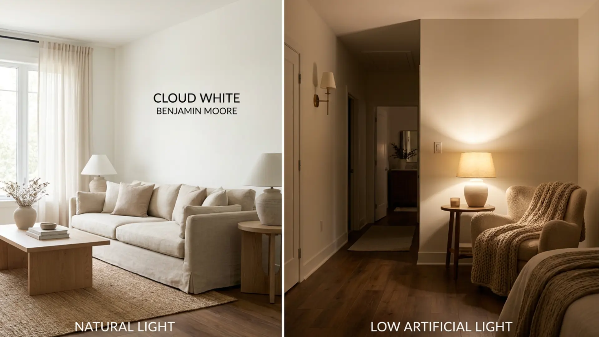cloud white benjamin moore walls in bright and dark rooms showing soft warmth, light reflection, and cozy neutral decor