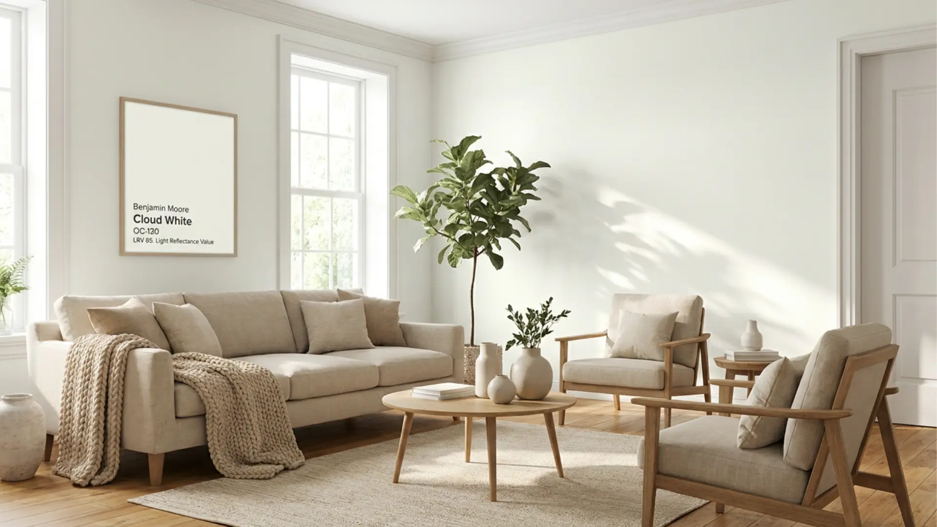 cloud white benjamin moore walls reflecting soft light in a warm room with wood floors and neutral decor