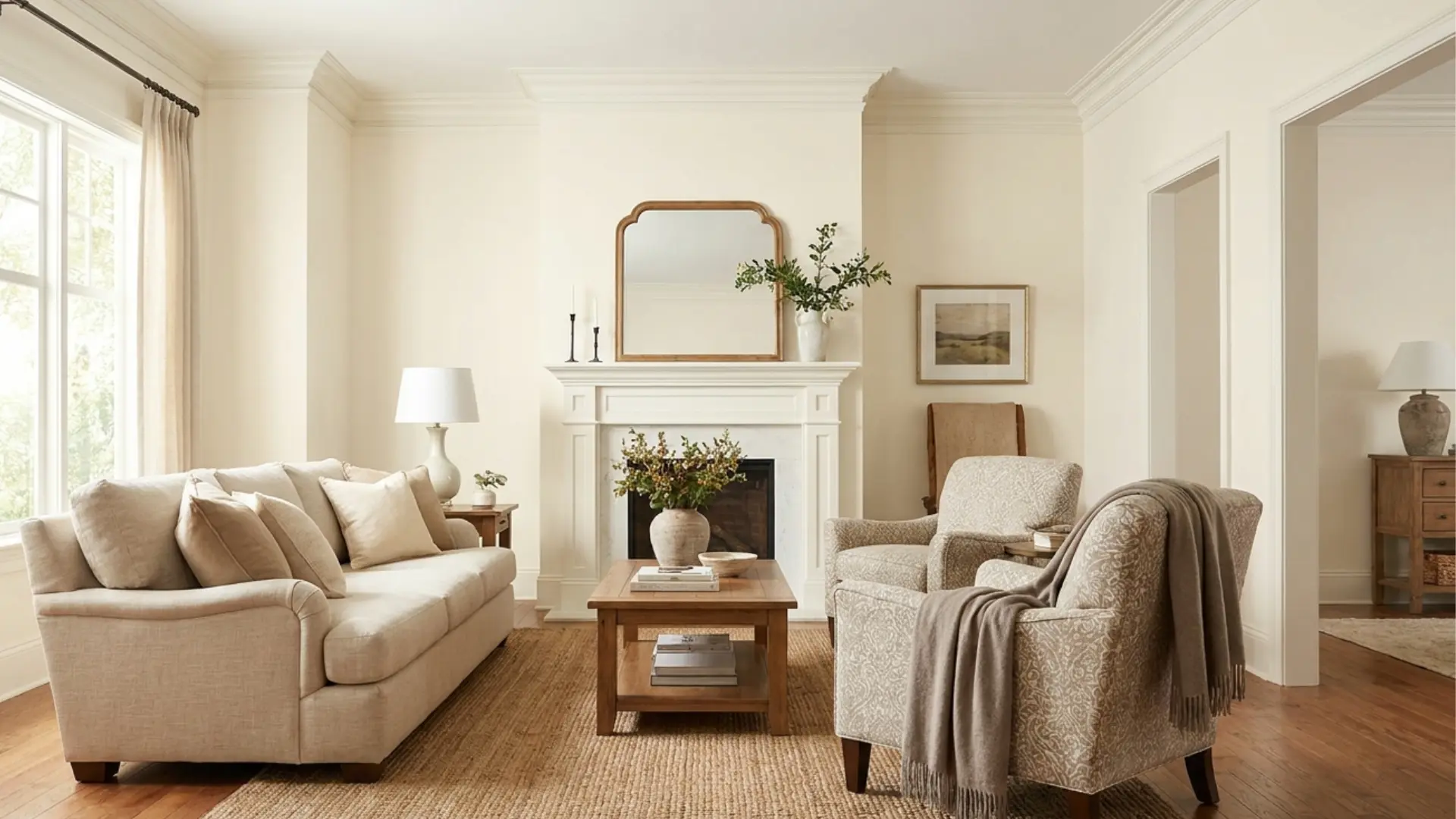 cloud white benjamin moore walls with warm undertones, wood floors, beige decor, and soft natural light (1)