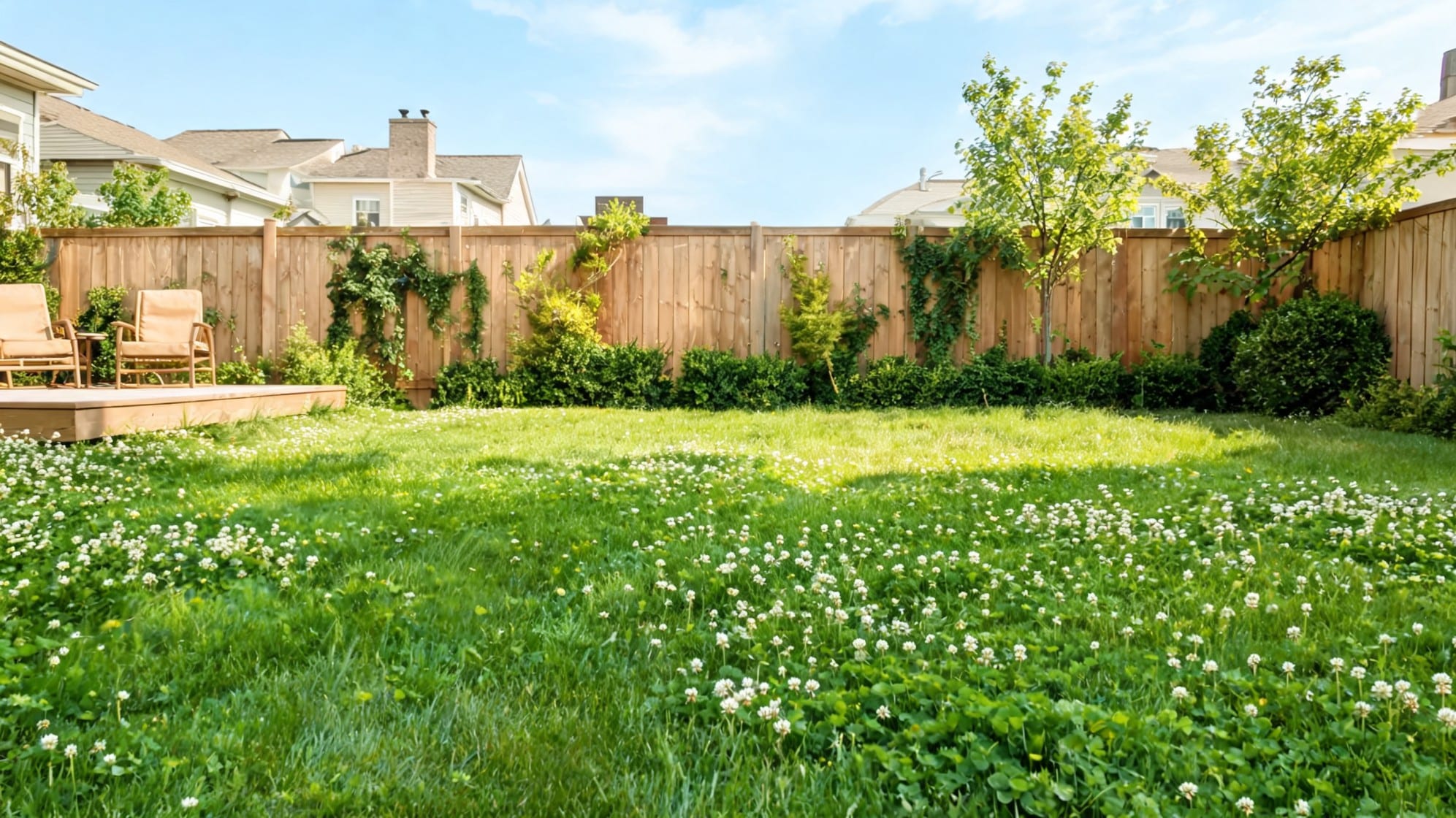 ront lawn ideas with clover lawn wooden fence shrubs trees and soft green ground cover for less mowing