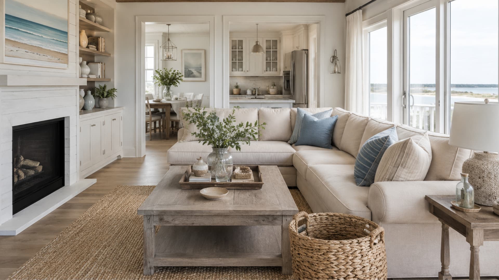 coastal living room with beige sectional, blue pillows, woven basket, wood beams, and ocean views