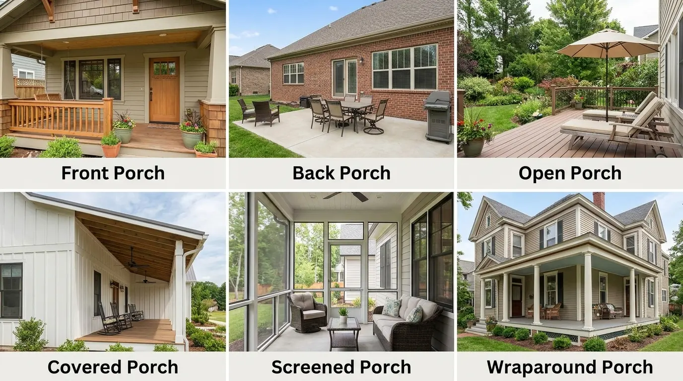 collage showing front, back, open, covered, screened, and wraparound porch styles outside different home