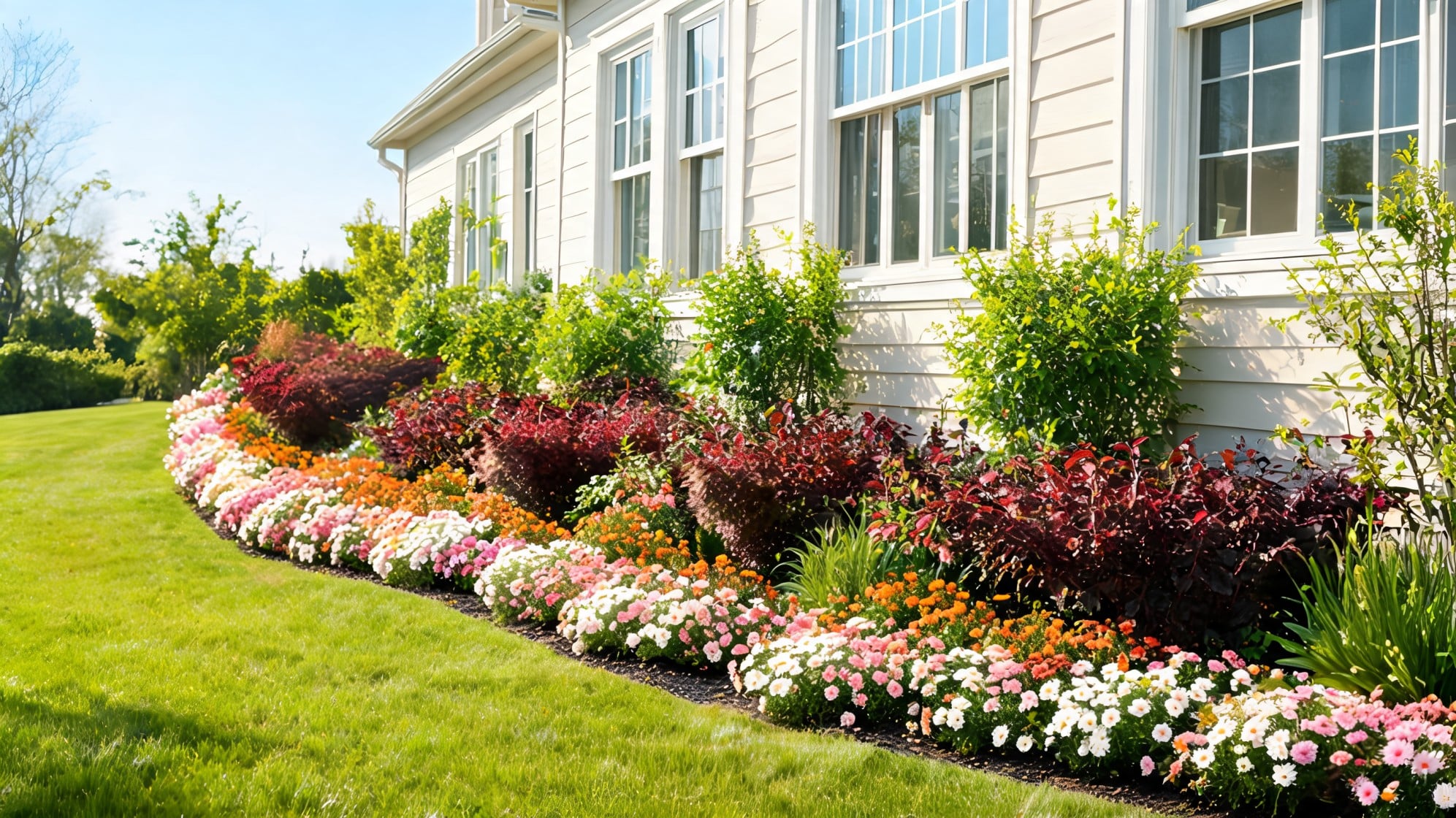 front lawn ideas with colorful foundation flower bed green grass layered shrubs and bright seasonal blooms