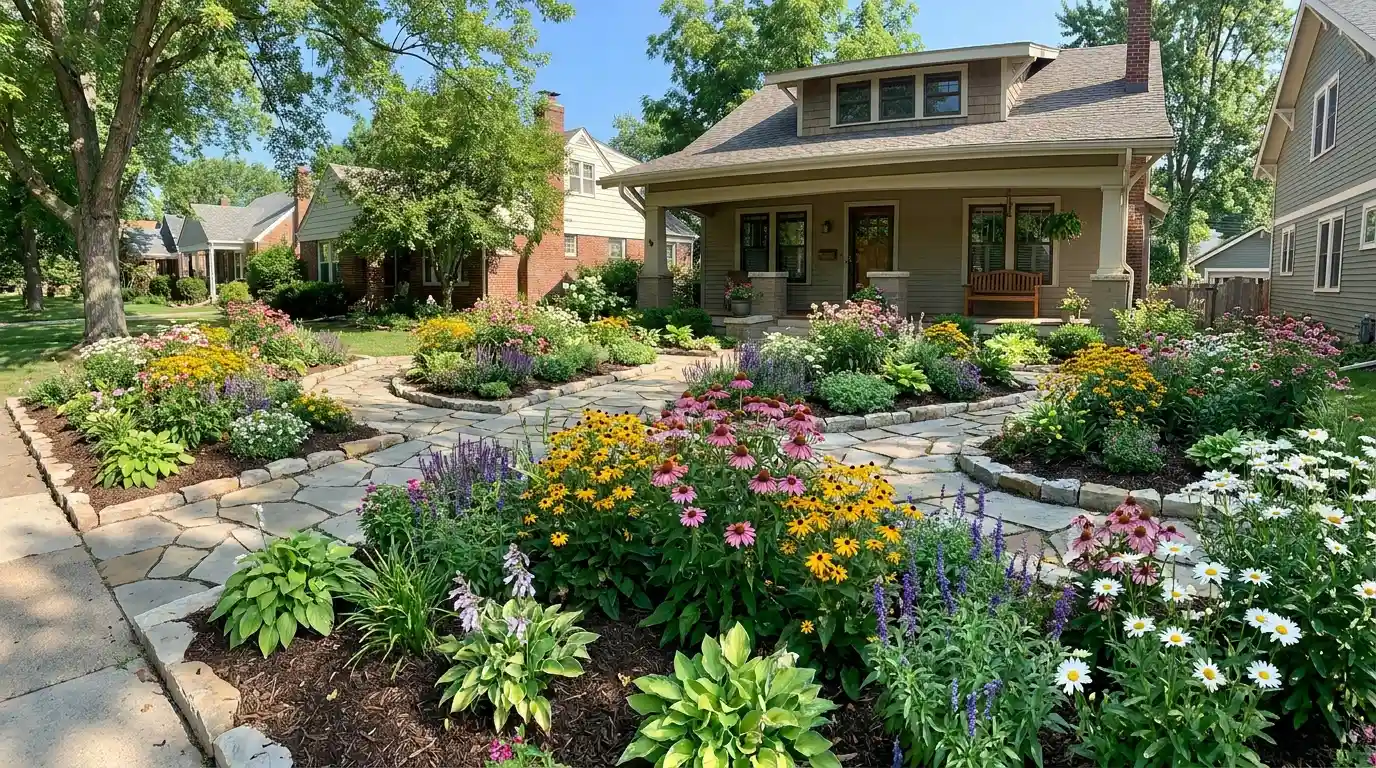 colorful flower bed front yard with layered blooms, stone edging, mulch pathways, and vibrant low-maintenance residential landscaping