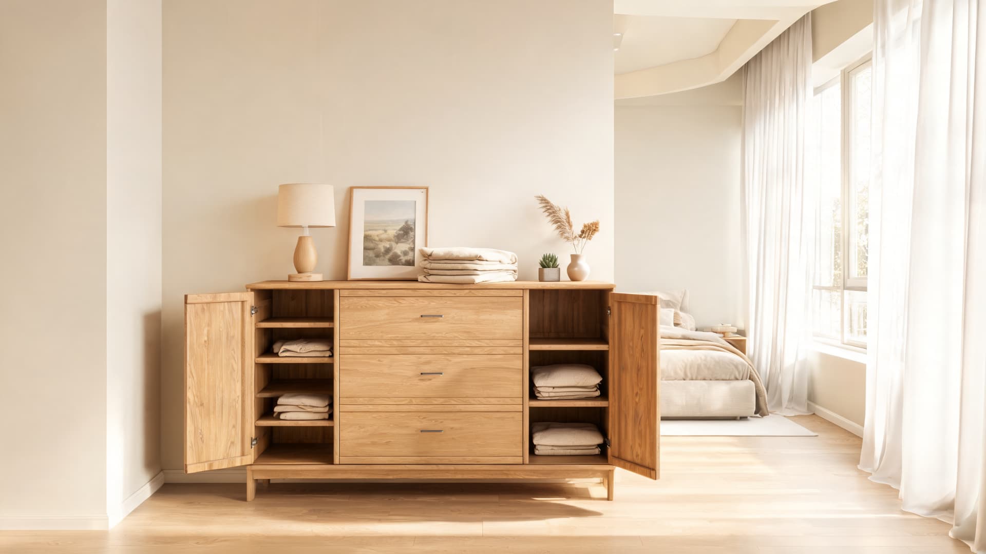 sunlit bedroom with modern wooden combo dresser open cabinet storage and soft neutral minimalist decor