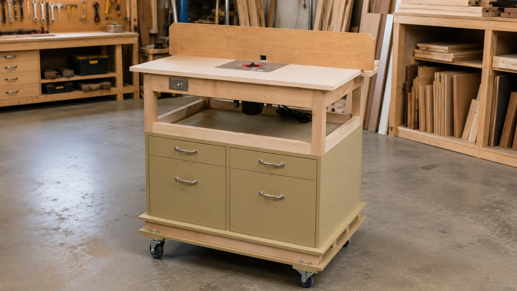 compact benchtop router table on a mobile base in a well-lit woodworking workshop with tools and materials around