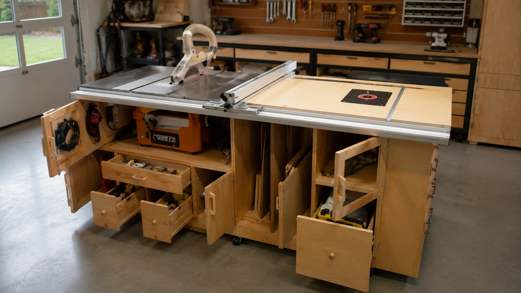 compact benchtop router table with drawers and storage in a well lit modern garage workshop with tools and materials around it