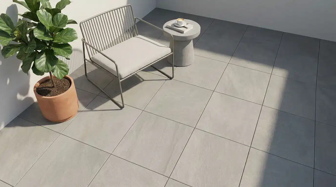 compact concrete deck with peel and stick outdoor tiles slim chair and leafy plant