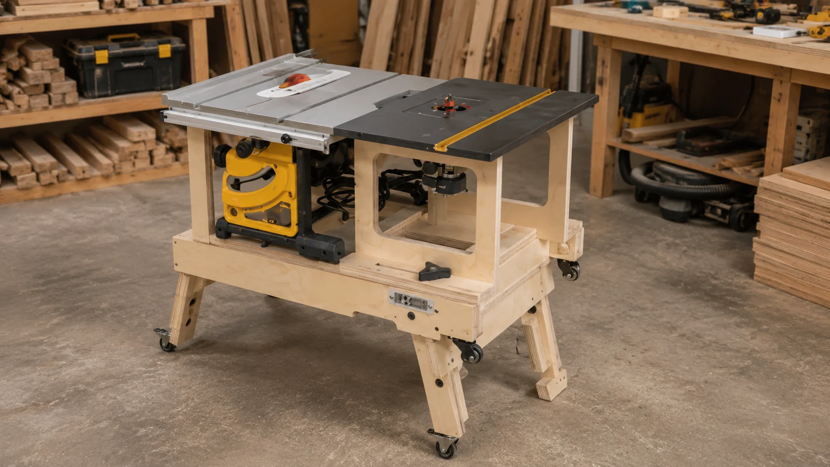 compact diy trim router table set up in a well lit woodworking workshop with tools and wood pieces around
