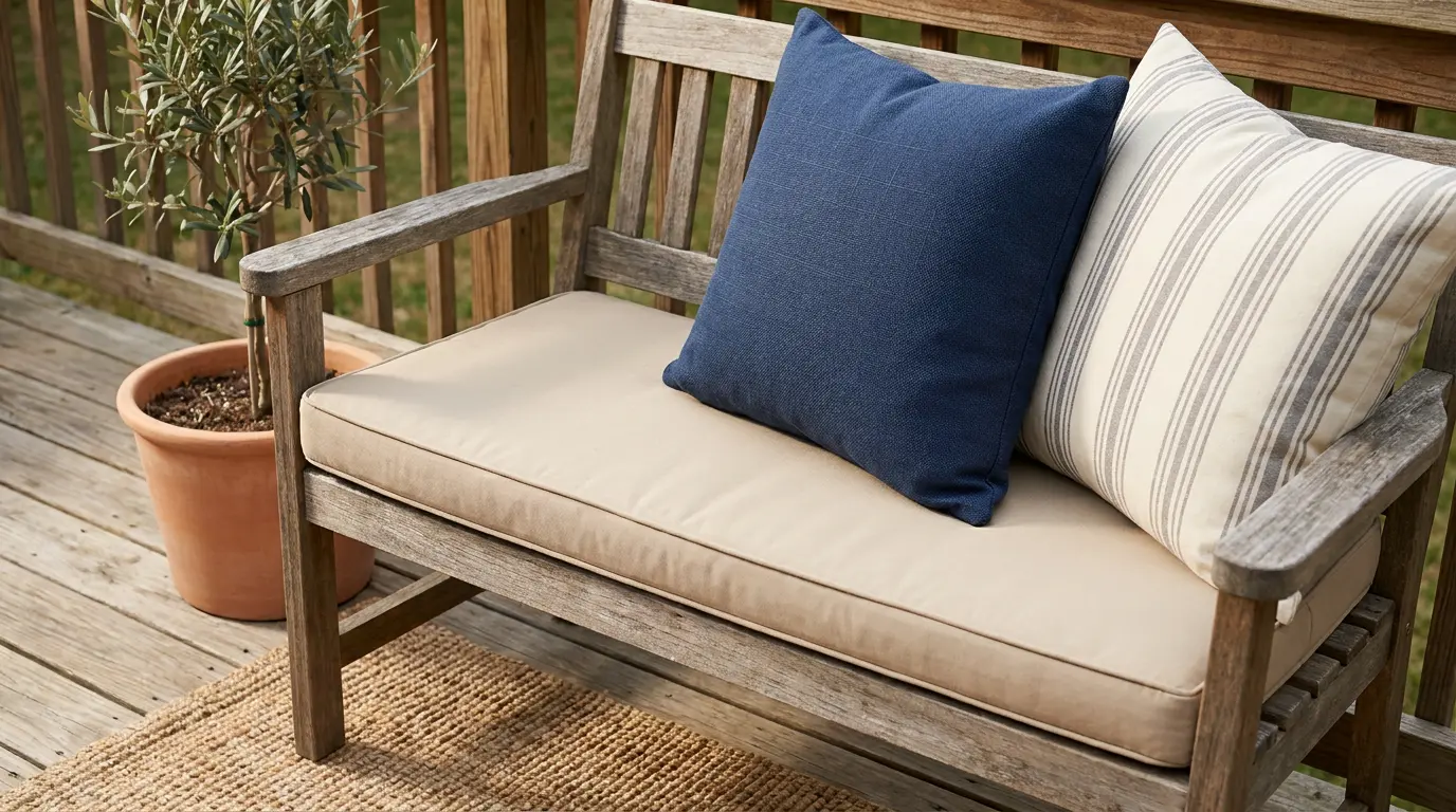 compact small deck seating with outdoor pillow covers adding color pattern and comfort