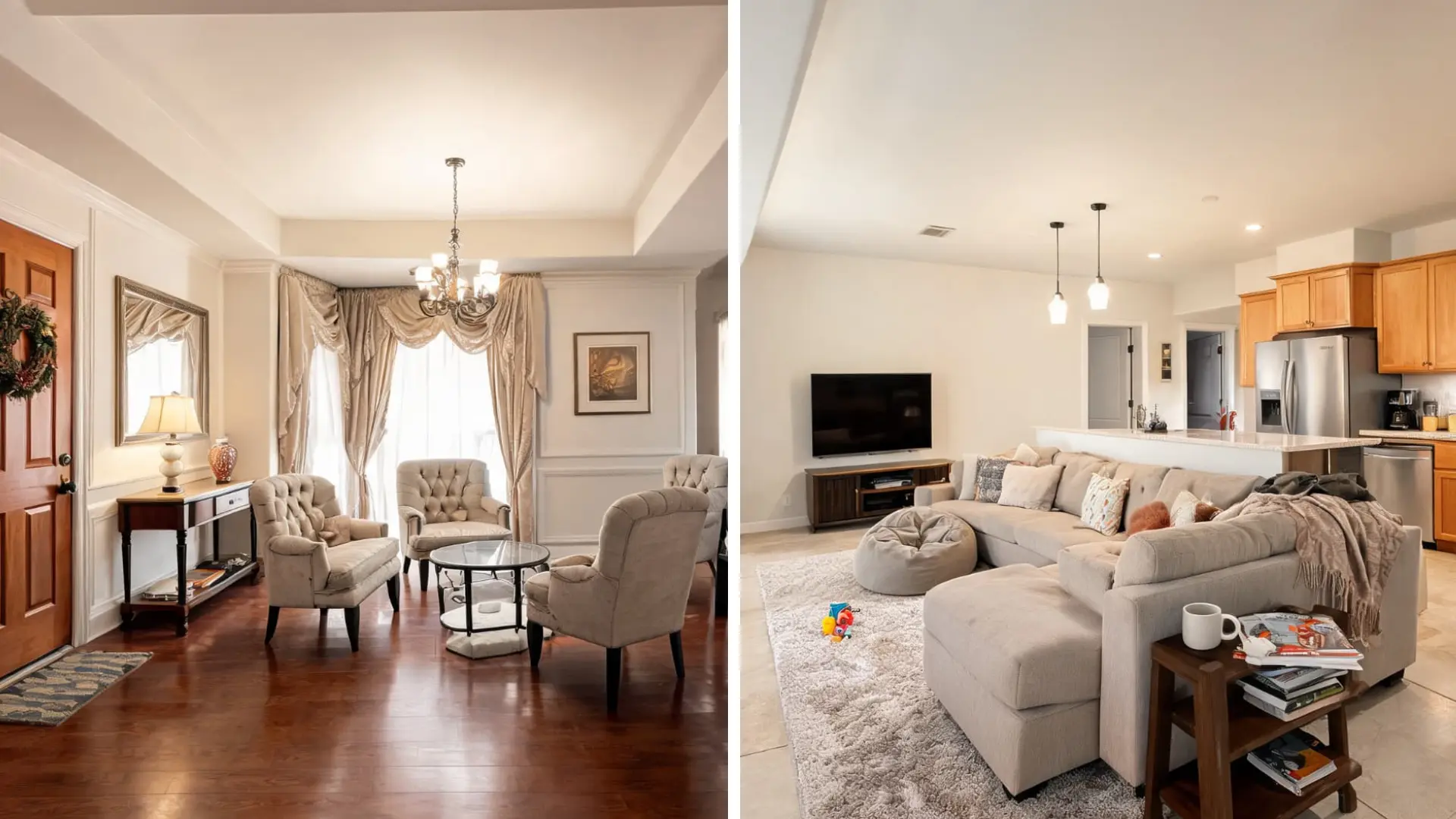comparison of a formal living room with elegant tufted armchairs and a chandelier, next to a casual, open-concept family room featuring a large sectional sofa and TV