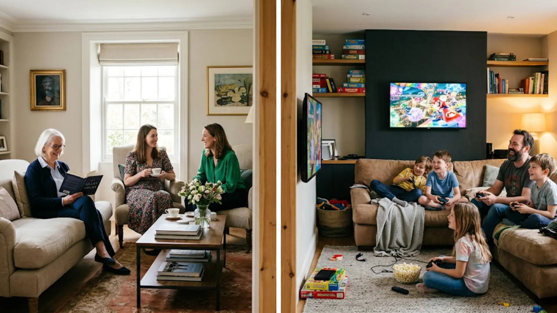 comparison showing a quiet, formal living room for reading on the left, and a lively family room gaming on the right