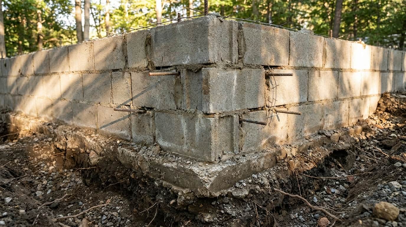 concrete block foundation with stacked blocks steel reinforcement and visible soil layers