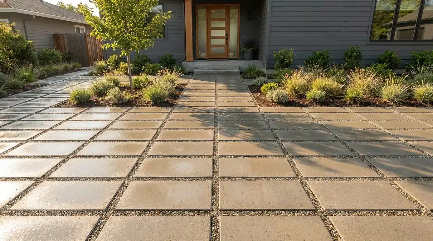 concrete paver front yard pathway with modern landscaping, structured walking routes, gravel details, and organized low-maintenance outdoor design
