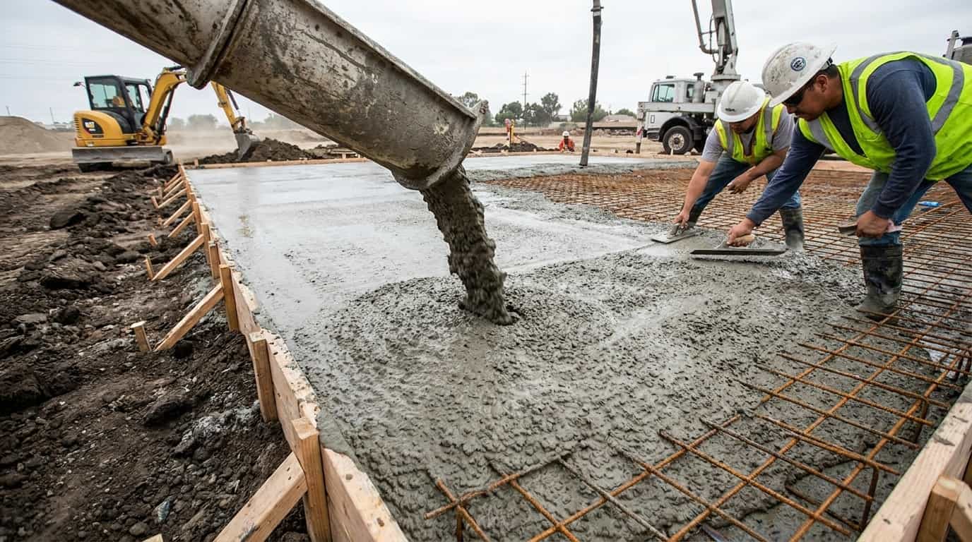 concrete foundation being poured with steel reinforcement and workers smoothing the surface