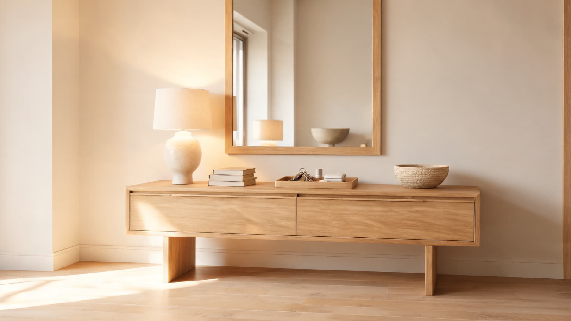 warm wooden console table with drawers, mirror, lamp, and soft sunlight in a calm entryway
