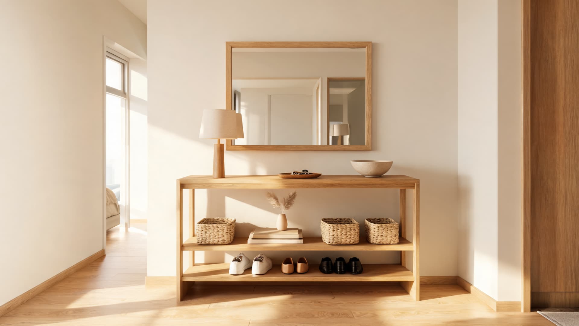 wooden console table with open shelves, baskets, shoes, mirror, and warm sunlight in an entryway