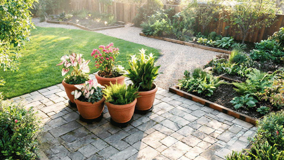 container cluster on humid patio with raised pots, tropical plants and soft elevated view