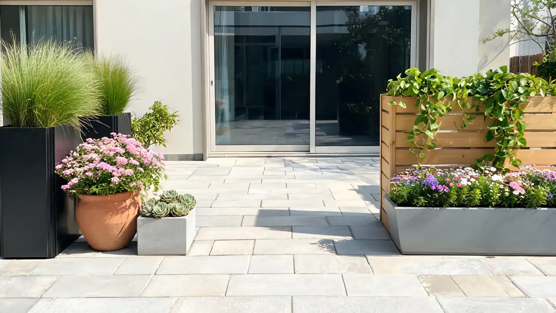 container garden with grouped planters of different heights arranged on a patio