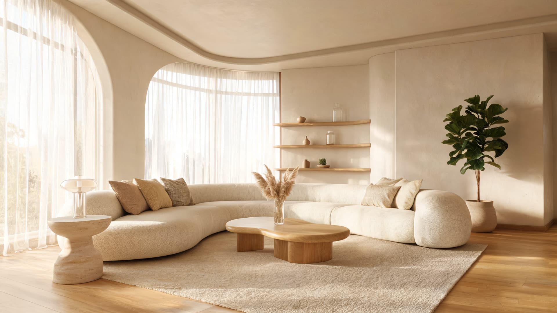 contemporary living room with curved furniture, warm neutral tones, natural textures, soft lighting, and a clean open layout