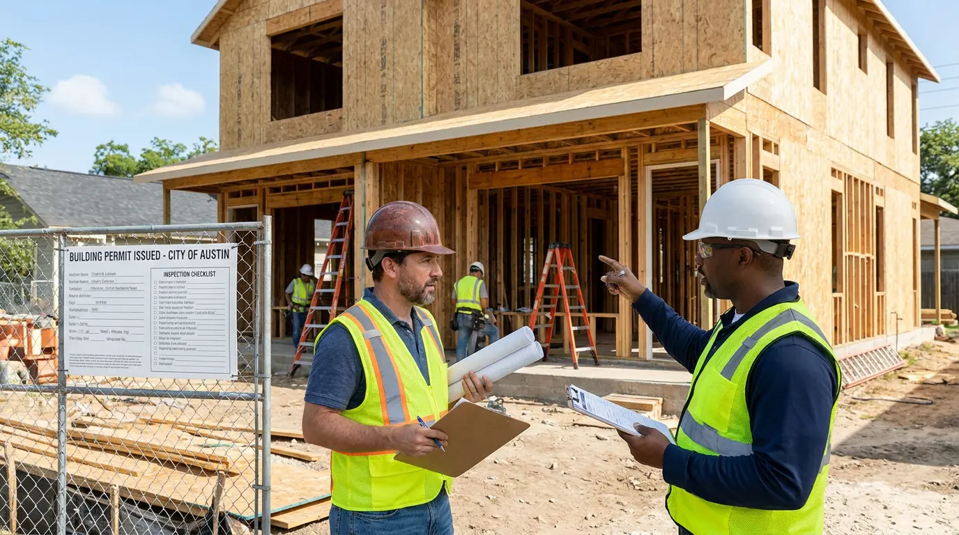 contractor and building inspector reviewing duplex permits and construction paperwork at job site