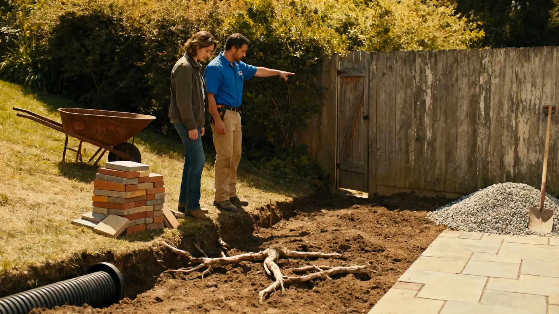 contractor and homeowner reviewing patio access soil slope materials and drainage before estimating cost