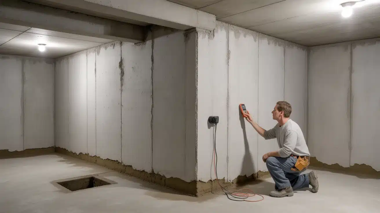 contractor checks basement wall moisture, helping homeowners estimate how much it cost to finish a basement