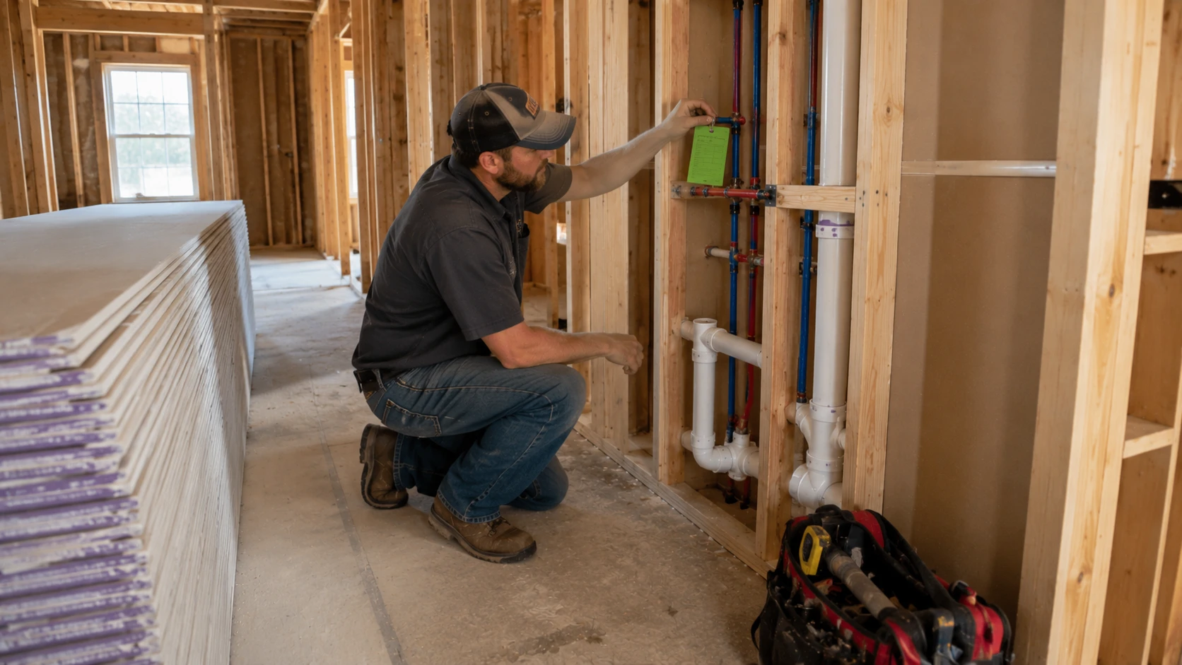 contractor marking approved rough-in plumbing before drywall goes up in a clean home construction hallway