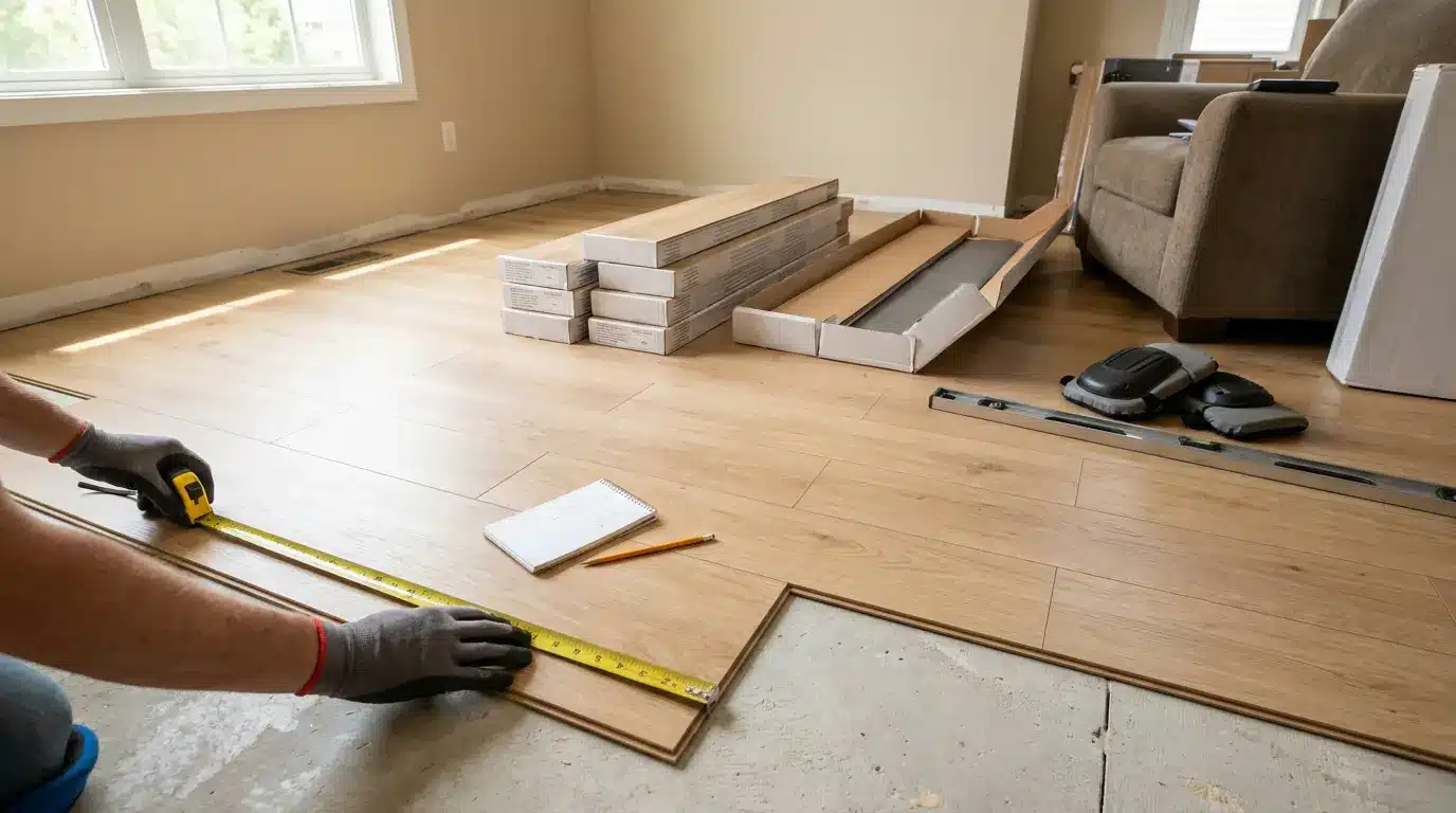 contractor measuring laminate flooring with tools and planks during a home installation cost planning project
