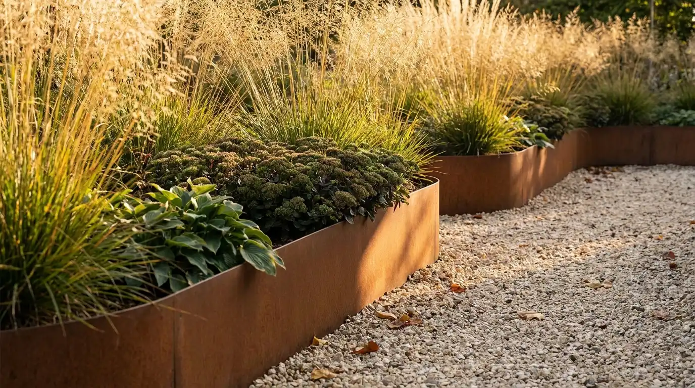 corten steel garden edging with ornamental grasses, gravel, and clean modern planting beds by a path