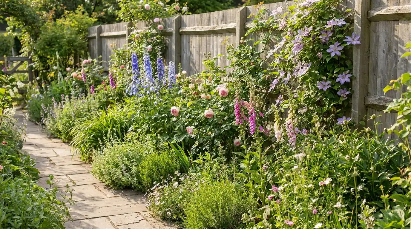 cottage border garden with layered flowers along a fence