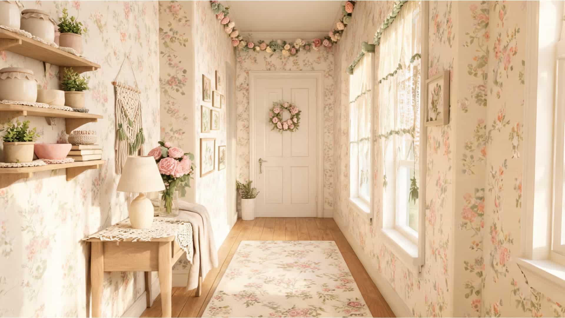 cottagecore hallway with floral wallpaper, lace curtains, soft pastels, wood shelves, and handmade decor