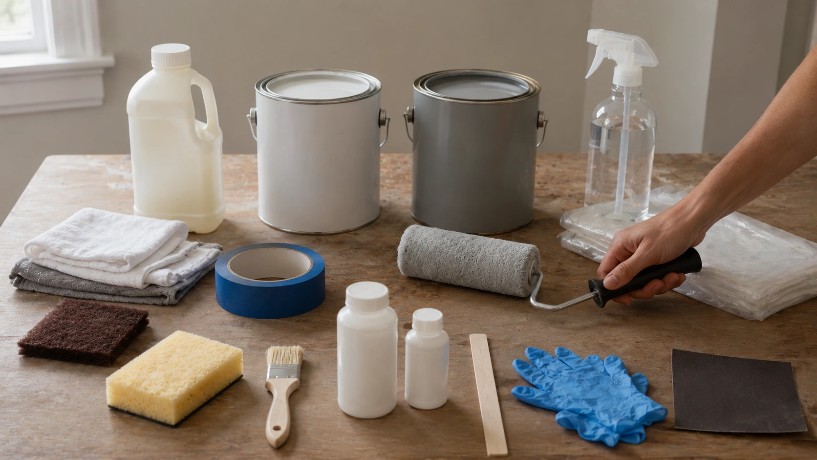 Countertop painting tools including primer, epoxy, tape, roller, gloves, and cleaner