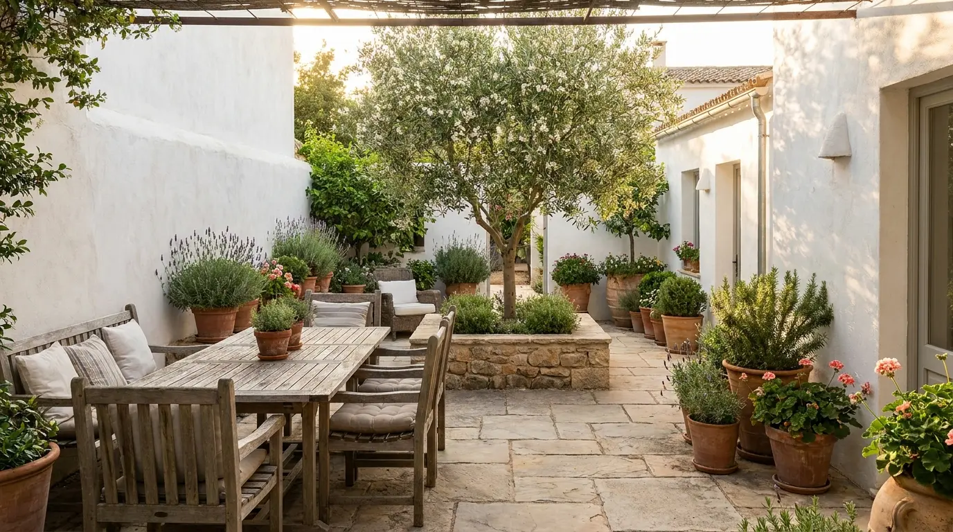 courtyard garden with central seating area surrounded by pots and wall planting