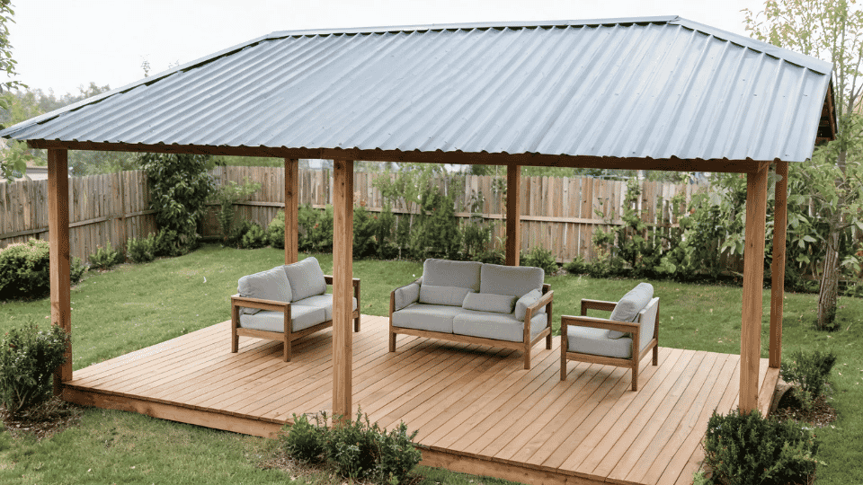 covered deck ideas on a budget with sofa and chairs softly shaded under a corrugated metal roof
